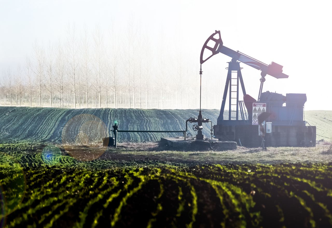 Oil pumpjack in scenic agricultural landscape with lush fields and distant trees.